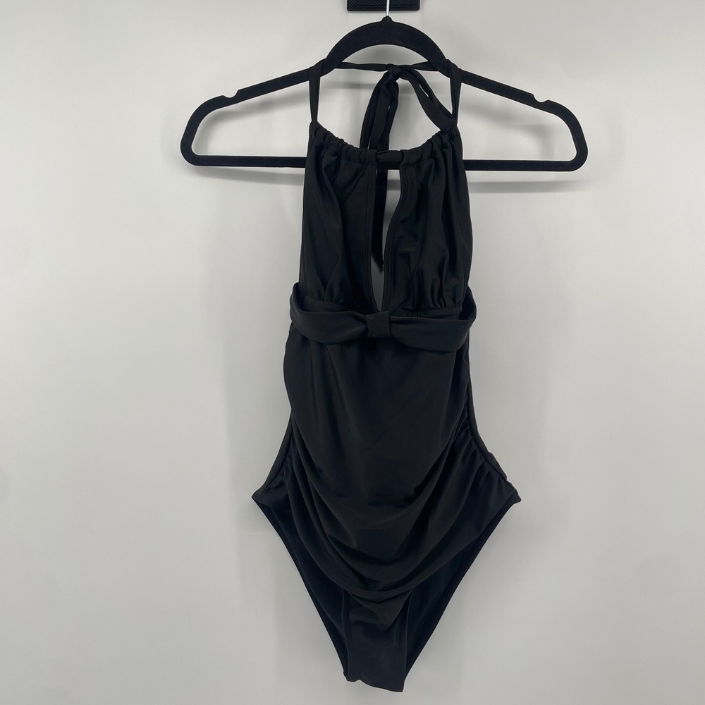 Smismivo One Piece Swimsuit Women M Black Halter Ruched Bow Keyhole Swimwear NWT